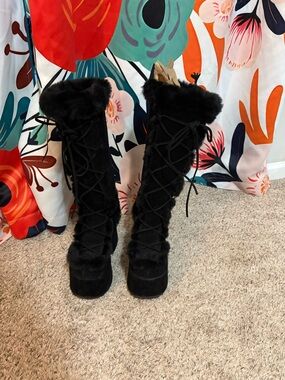 Demonia Black Faux Fur Lace-Up Platform Knee-High Boots